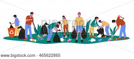 Volunteers Cleaning Up Parks. Cartoon People Characters Collecting Litter Picking Plastic Waste Raki