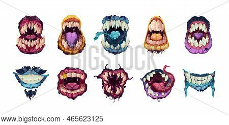 Scary Mouth. Cartoon Monster Face Emotions, Creative Alien Characters Funny Emotional Monstrous Avat