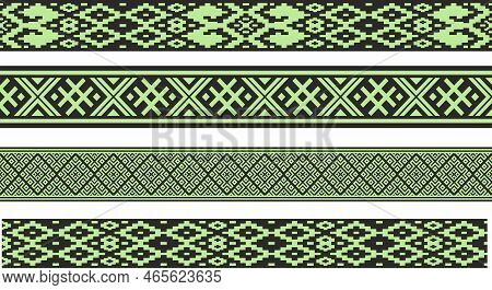 Vector Green Color Seamless Belarusian National Ornament. Ethnic Endless Black Border, Slavic People