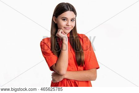 Portrait Of Shy Cheerful Teen Girl In Studio. Skin Care Concept. Teen Girl Portrait With Nice Skin