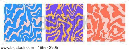 1970 Retro Groovy Waves Seamless Pattern. Swirl Psychedelic Trippy Textures Set. Aesthetic Electric 