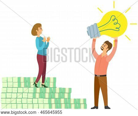 Ivestment Idea Concept. Man Shows Light Bulb To Girl As Symbol Of New Idea. Businesswoman Standing O