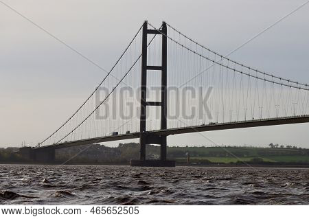Humber Bridge In Hull, England, Uk. Tide Coming Into The Estuary