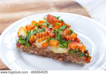 Tasty Homemade Low-carb Keto Meatza (grain And Gluten Free Beef Meat-based Pizza) Slice With Vegetab