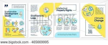 Sustainable Development Challenges Blue And Yellow Brochure Template. Leaflet Design With Linear Ico