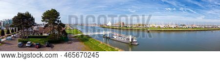 Panoramic Highangle View On The Marina Of Nieuwpoort In A Spring Light With Boats On The Shore