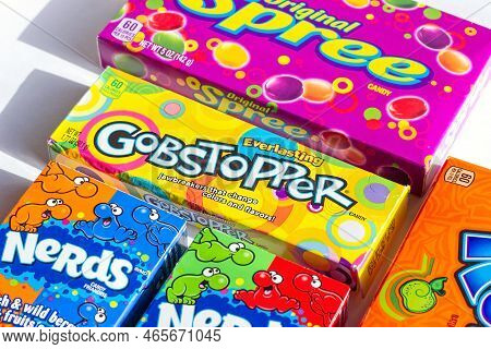 Dushanbe, Tajikistan - August 18, 2022: Different Kinds Of American Sweet Candies (gobstopper, Spree