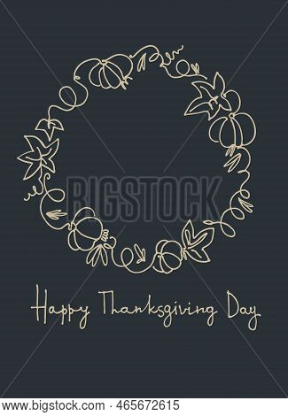 Thanksgiving Day Card. Hand-lettered Greeting Phrase Like Gold Inside Wreath With Leaves, Berries, O