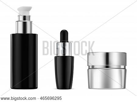 Cosmetic Bottle Mockup Set. Realistic Vector Template Of Cream Jar, Lotion Container With Pump, Esse