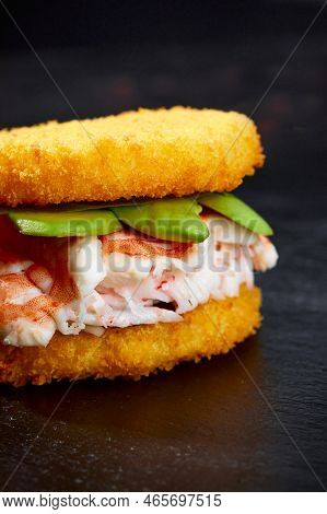 Pan-asian Cuisine Concept. Japanese Sushi Burger Made From Rice Bread, Crab Meat, Avokado And Wasabi