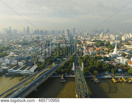 Aerial View Of Phra Buddha Yodfa Bridge, Memorial Bridge And Phra Pok Klao Bridge Over The Chaophray