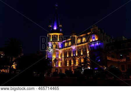 Batumi, Georgia, Ajaria - August 30, 2022: Building With Astronomical Clock On Europe Square. Dark T