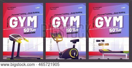 Gym Cartoon Poster With Treadmill. Promotional Flyer With Promocode For Weight Lifting, Body Buildin