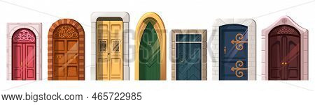Old Medieval Doors In Stone Arch For Building Facade. Vector Cartoon Set Of Entrance In Vintage Hous