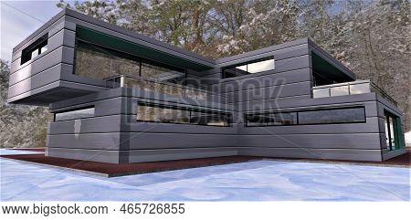 Elite Country House In A Snowy Forest In Early Winter. Sunlight On The Façade. A Good Advertising Ba