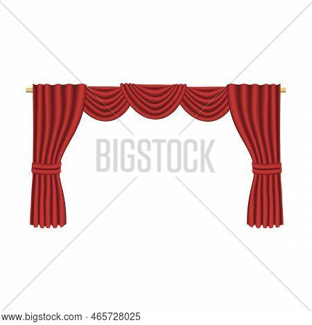 Open Wide Open Curtain Made Of Red Fabric Cartoon Vector Illustration. Luxury Window Curtain And Sta