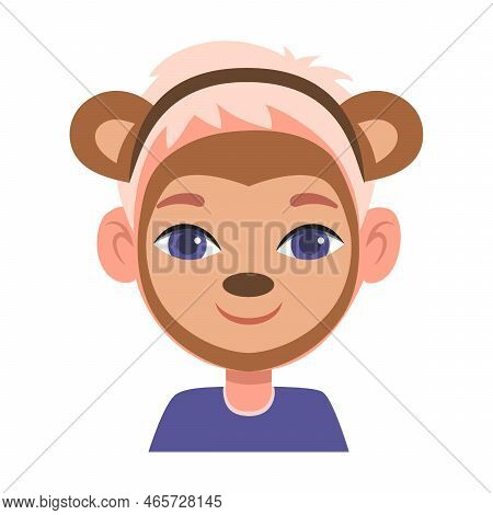 Portrait Of Kid With Monkey Mask, Face Makeup Vector Illustration. Children With Creative Face Paint