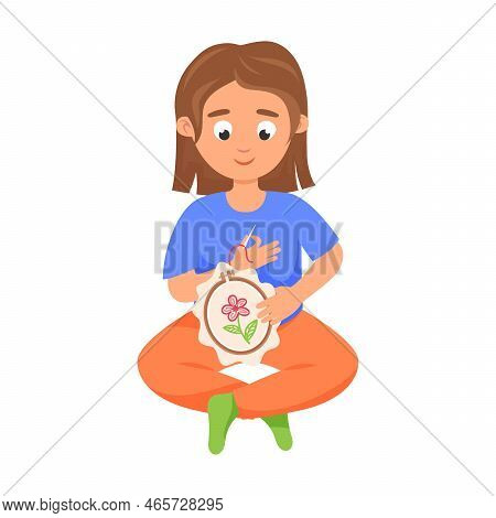 Girl Embroiders Pattern On Fabric With Needle And Thread. Hobbie And Activitie Of Kids. Vector Illus