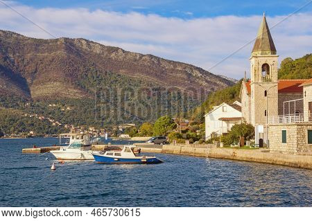 Beautiful Mediterranean Landscape. Montenegro, Adriatic Sea. Autumn View Of Bay Of Kotor And  Donja 