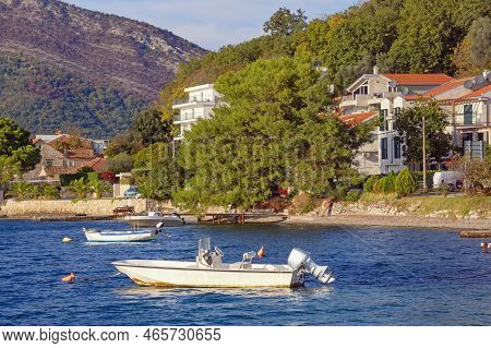 Mediterranean Village On Sunny Autumn Day. Montenegro, Adriatic Sea. View Of  Bay Of Kotor Near Tiva