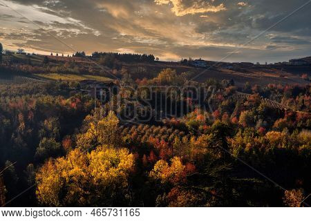 The Colors Of The Langhe In Autumn In Serralunga D\'alba, With The Vineyards And Hills That Are Colo
