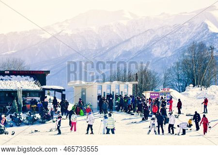 Gudauri, Georgia - 25th March, 2022: Tourist Wait In Queue By Ticket Office Box In Gudauri Ski Resor