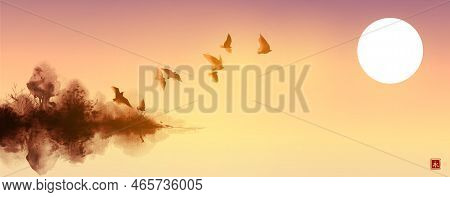 Ink Painting Landscape With Flock Of Birds Flying Above The Island With Forest Trees And Sunrise Sky