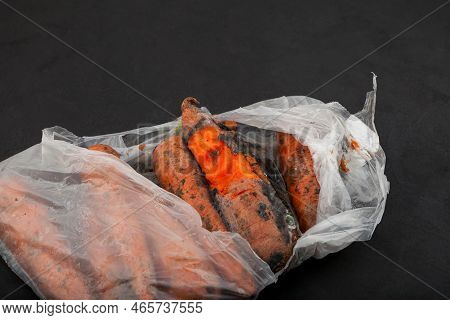 Rotten Carrots In Plastic Bag. Improper Food Storage. Ugly Moldy Vegetables. Concept - Reduction Of 