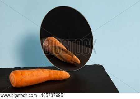 Ugly Carrots. Reflection In The Mirror. Concept-low Self-esteem. Copy Space.