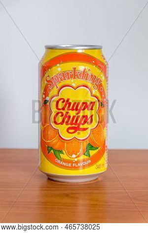 Pruszcz Gdanski, Poland - July 13, 2022: Can Of Sparkling Chupa Chups Orange Flavour.
