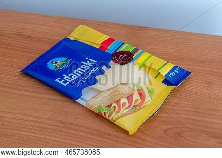 Pruszcz Gdanski, Poland - July 21, 2022: Lowicz Edamski Yellow Cheese.