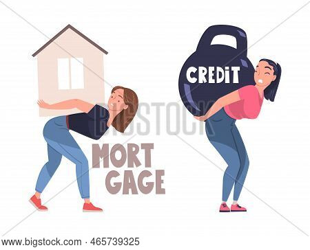 Severity Of Mortgage With Woman Carrying Huge House And Kettlebell As Heavy Burden Of Credit Vector 