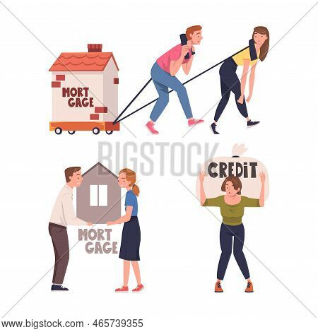 Severity Of Mortgage With Man And Woman Carrying Heavy Burden Of Credit Vector Set