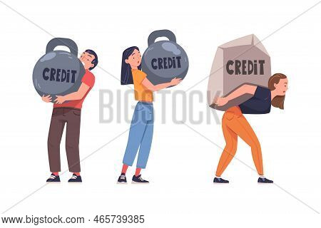 Severity Of Mortgage With Man And Woman Carrying Heavy Burden Of Credit Vector Set