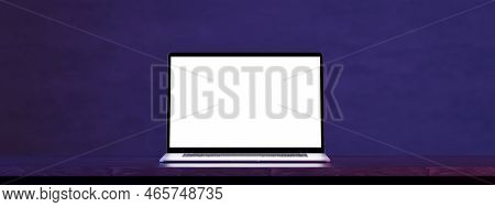 Laptop Mockup On Table. Front View Open Modern Laptop Mockup. Laptop Blank White Screen Mockup On Wo