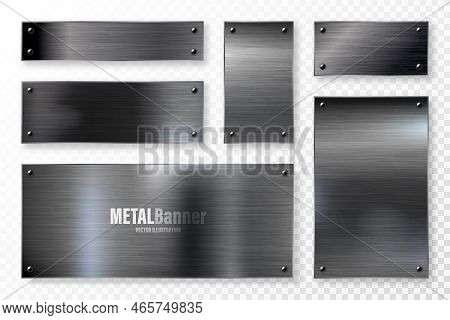 Realistic Black Metal Banners Collection. Brushed Steel Or Aluminium Plate, Panel With Screws. Polis