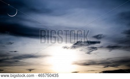 Mubarak Ramadan Month Muslim Islamic Moon Symbols,crescent Moon And Star On Night Sky Dusk Orange Pi