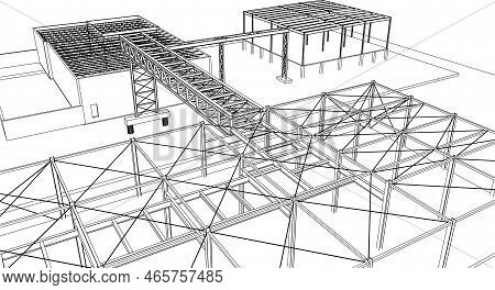 Under Construction Site Engineering Architecture 3d Illustration Line Sketch