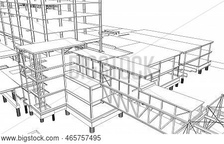 Under Construction Site Civil Engineering Architecture 3d Illustration Line Sketch