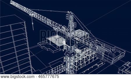 Under Construction Site Engineering Frame Structure 3d Illustration Line Sketch Blueprint