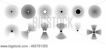 Signal Sonar Detection, Monitor Pulse Symbol. Waves Signals Black Icons, Spiker Sound Or Radar. Freq