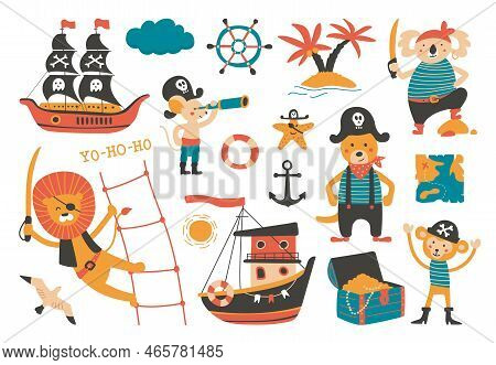 Cartoon Animal Pirates, Ocean Adventures Marine Elements. Cute Kids Pirate, Sailing Ship And Seagull