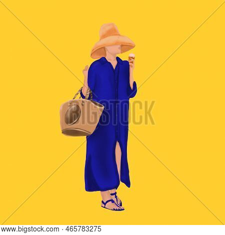 Stylish Girl In A Hat Holding Bag And Ice-cream. Fashion Illustration.