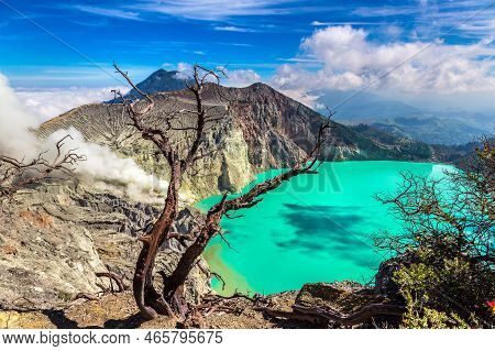 Panoramic Aerial View Crater Of Active Volcano Ijen And Dead Tree, Java Island, Indonesia