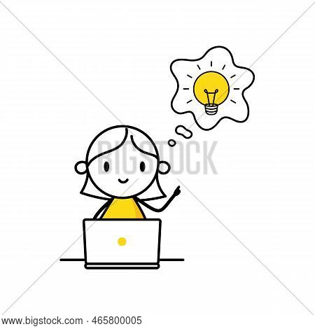 Woman With Laptop Who Has A Light Bulb Above His Head Generated Idea. Idea, Imagination And Creativi