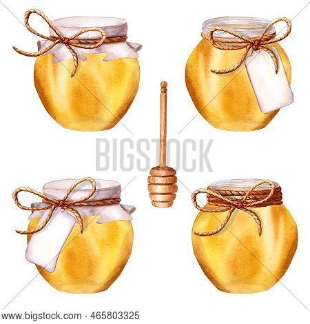 Honey Jar Set With Wooden Honey Stick. Watercolor Illustration Isolated On White