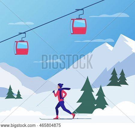 Ski Resort Snow Mountain Landscape, Skiers On Slopes, Ski Lifts. Winter Landscape With Ski Slope Cov