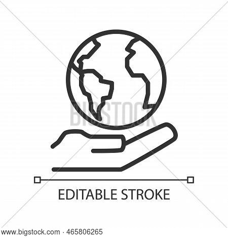 Globe On Hand Pixel Perfect Linear Icon. Holding World. Saving Earth. Environmental Friendly. Thin L