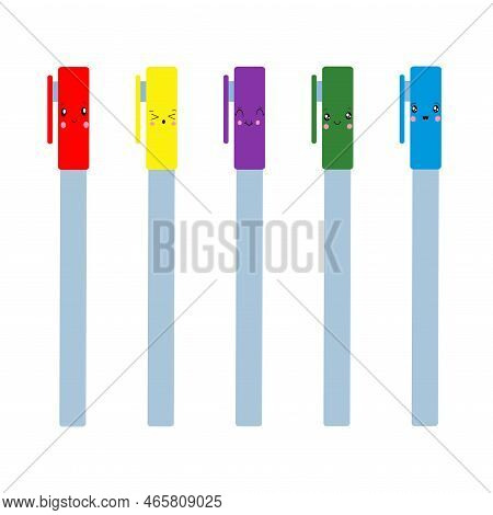 A Set Of Colorful Kawaii-style Pens. Vector Illustration Isolated On A White Background