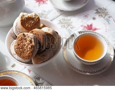 Cup Of Tea And Traditional Spanish Christmas Pastry: Polvorones, Mantecados, Estepa. Holiday Concept